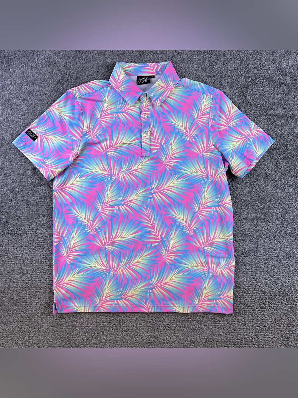 Sunday Swagger Mens Golf Polo Shirt Pink Blue Tropical Palm Leaf Performance M - Picture 3 of 8